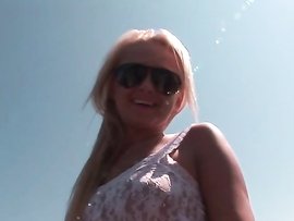 Sheer Top On A Public Teasing Blonde Beauty